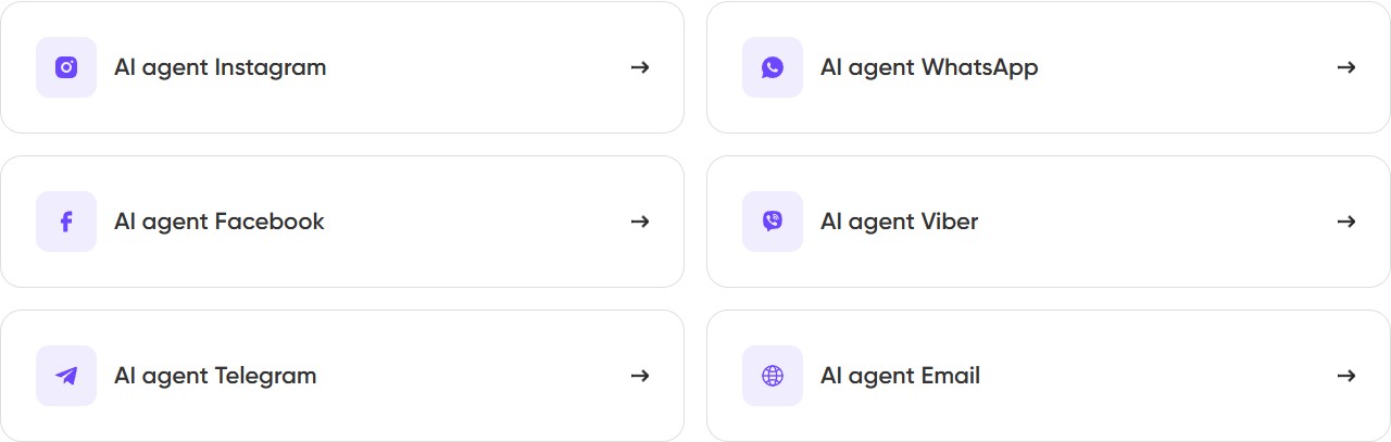 6 cards linking to individual channel landing pages — Instagram, WhatsApp, Facebook, Viber, Telegram, Email