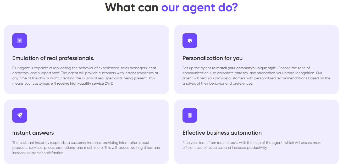 4 agent capability cards — Emulation, Personalization, Instant answers, Business automation