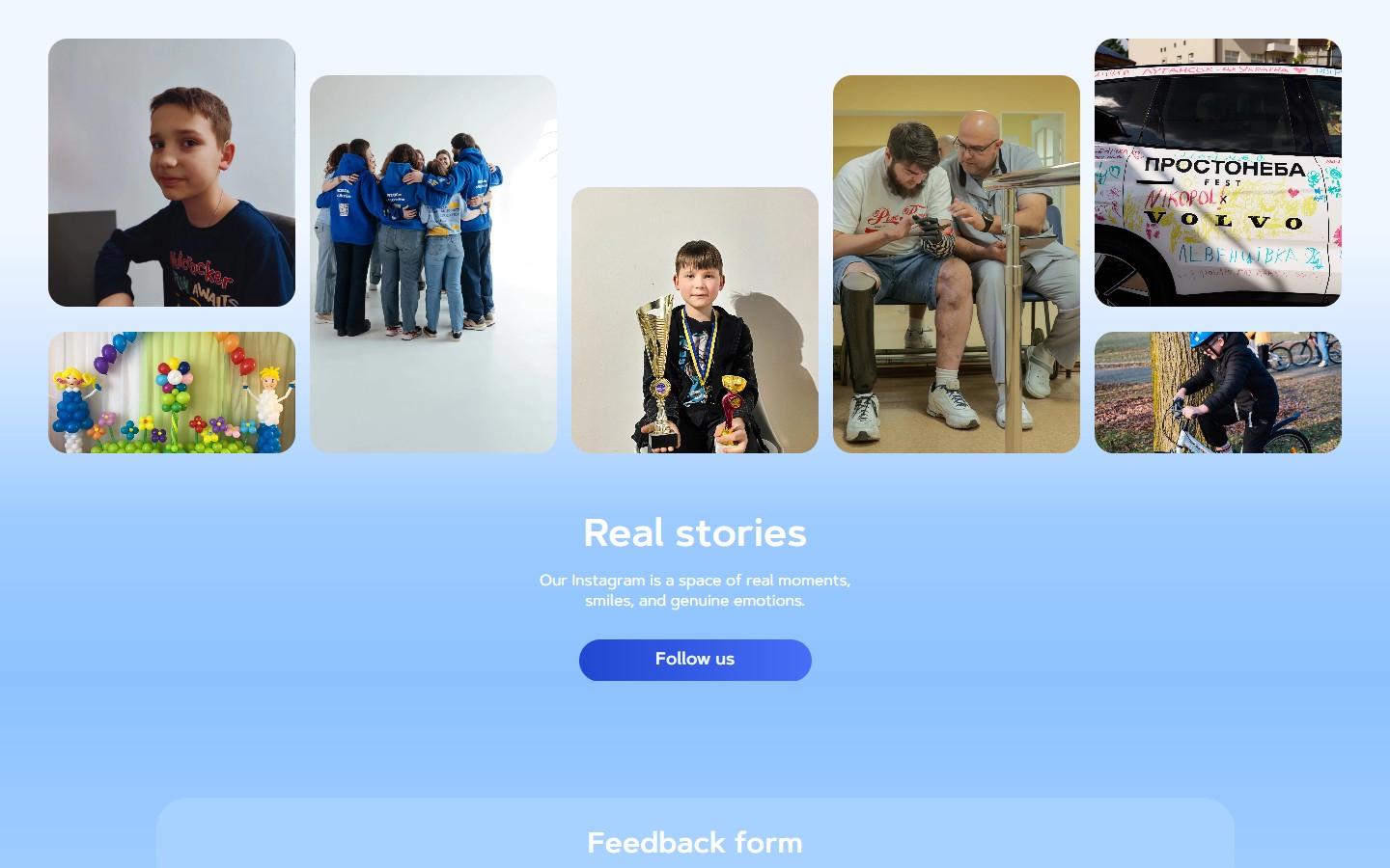 Real stories — 7 photo-карток у вільній композиції з CTA Follow us на Instagram