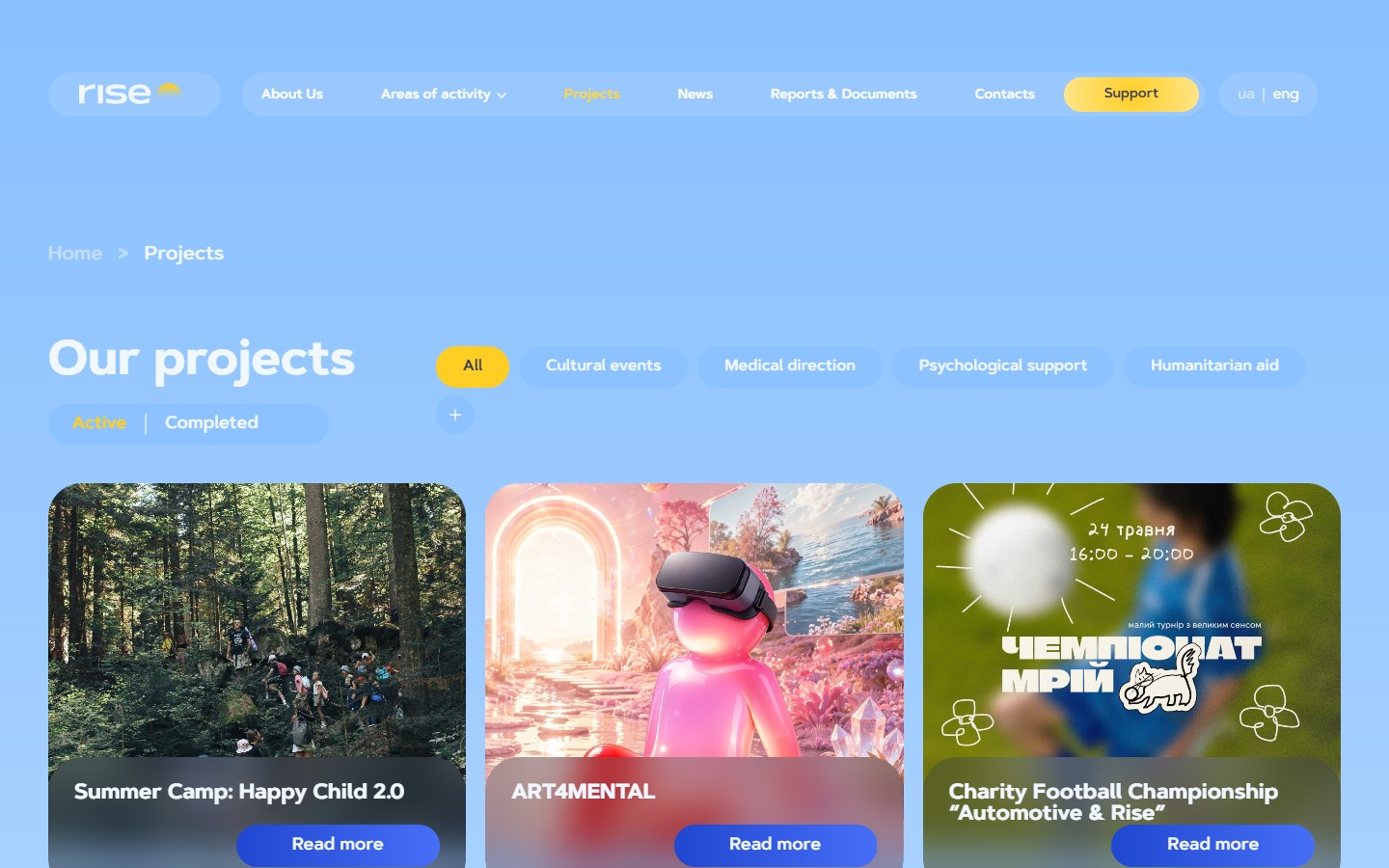 Архів проєктів з фільтрами Active/Completed і категоріями