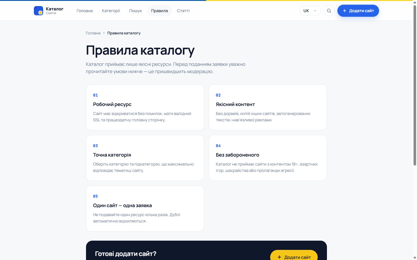 Правила каталогу — 5 умов модерації