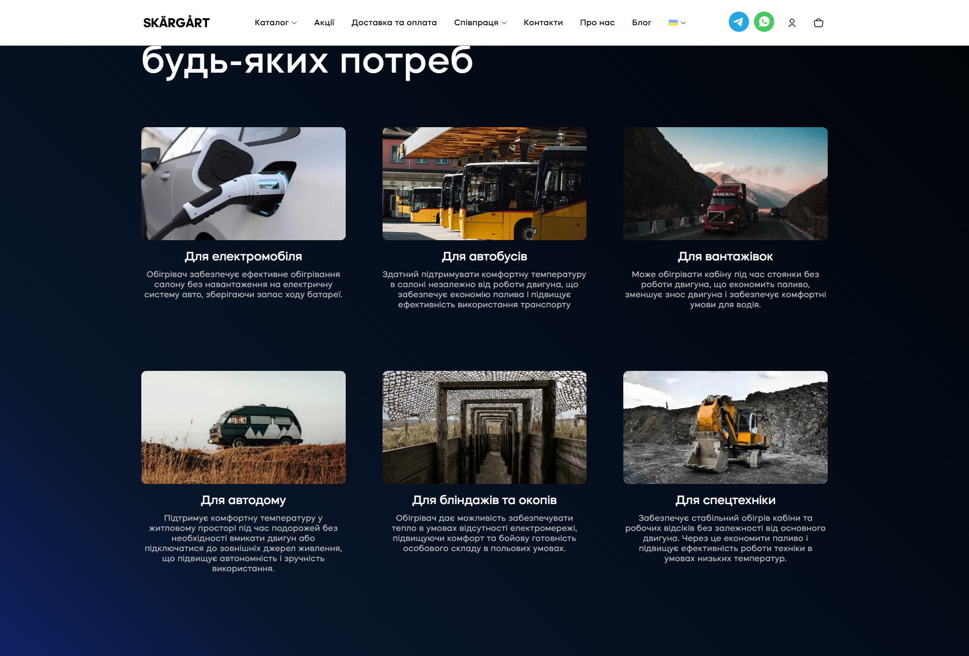 6-карткова сітка use-cases — Електромобіль / Автобуси / Вантажівки / Автодом / Бліндажі та окопи / Спецтехніка — з реальними фото і коротким описом