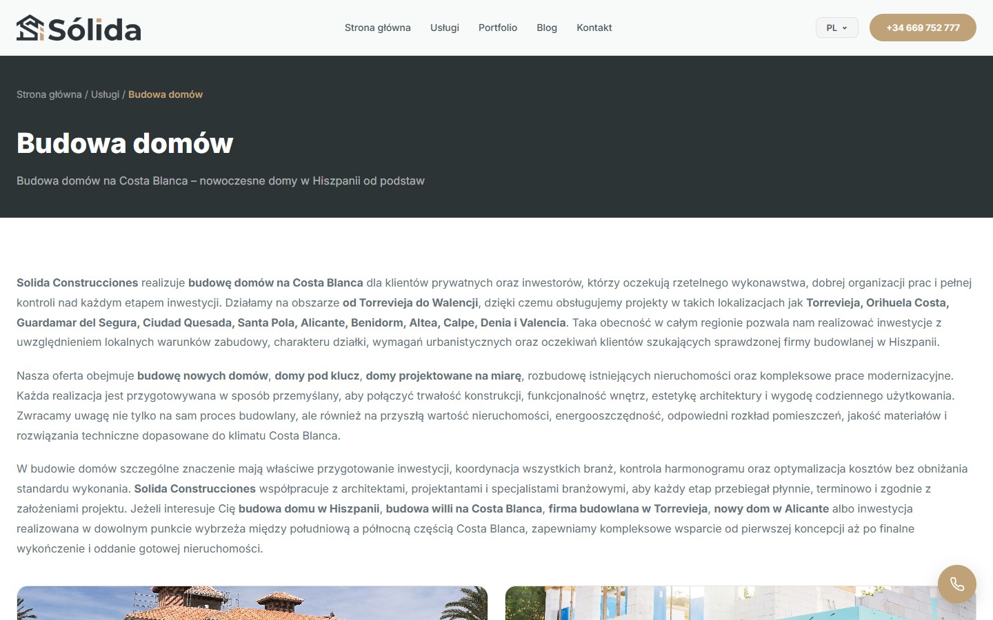 Hub-сторінка Budowa domów — hero і три абзаци SEO-копірайту