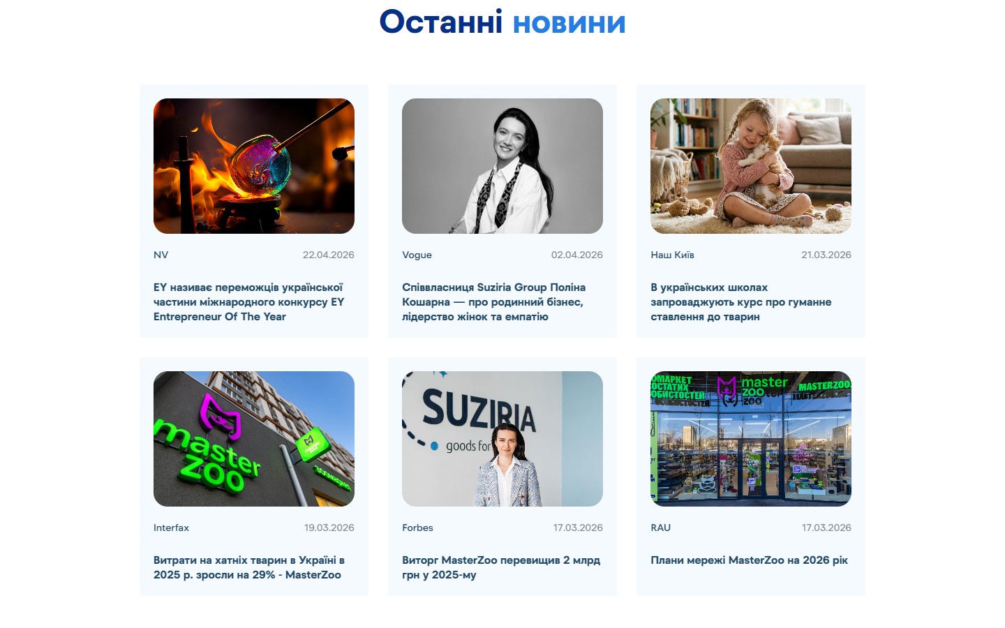 Grid з 6 публікаціями про Suziria Group у медіа