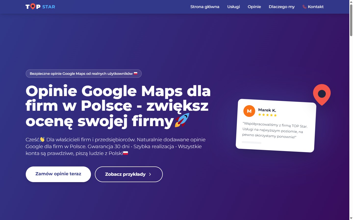 TOP STAR — лендинг сервісу опіній Google Maps для фірм у Польщі