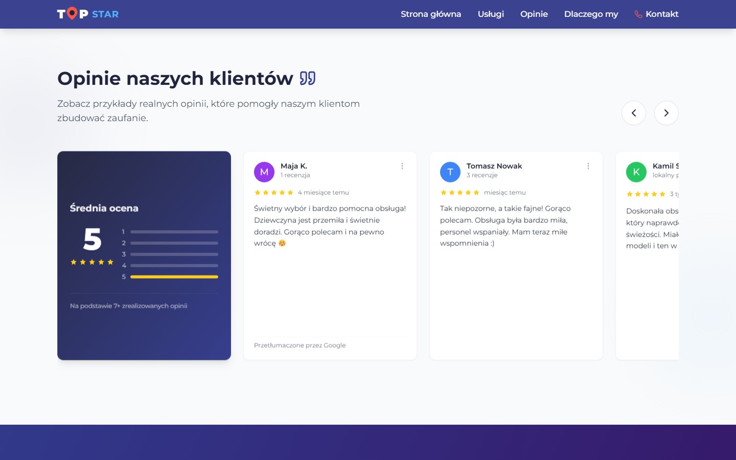 Карусель відгуків TOP STAR — Google-style картки з аватарами, зірками і тайм-стампами