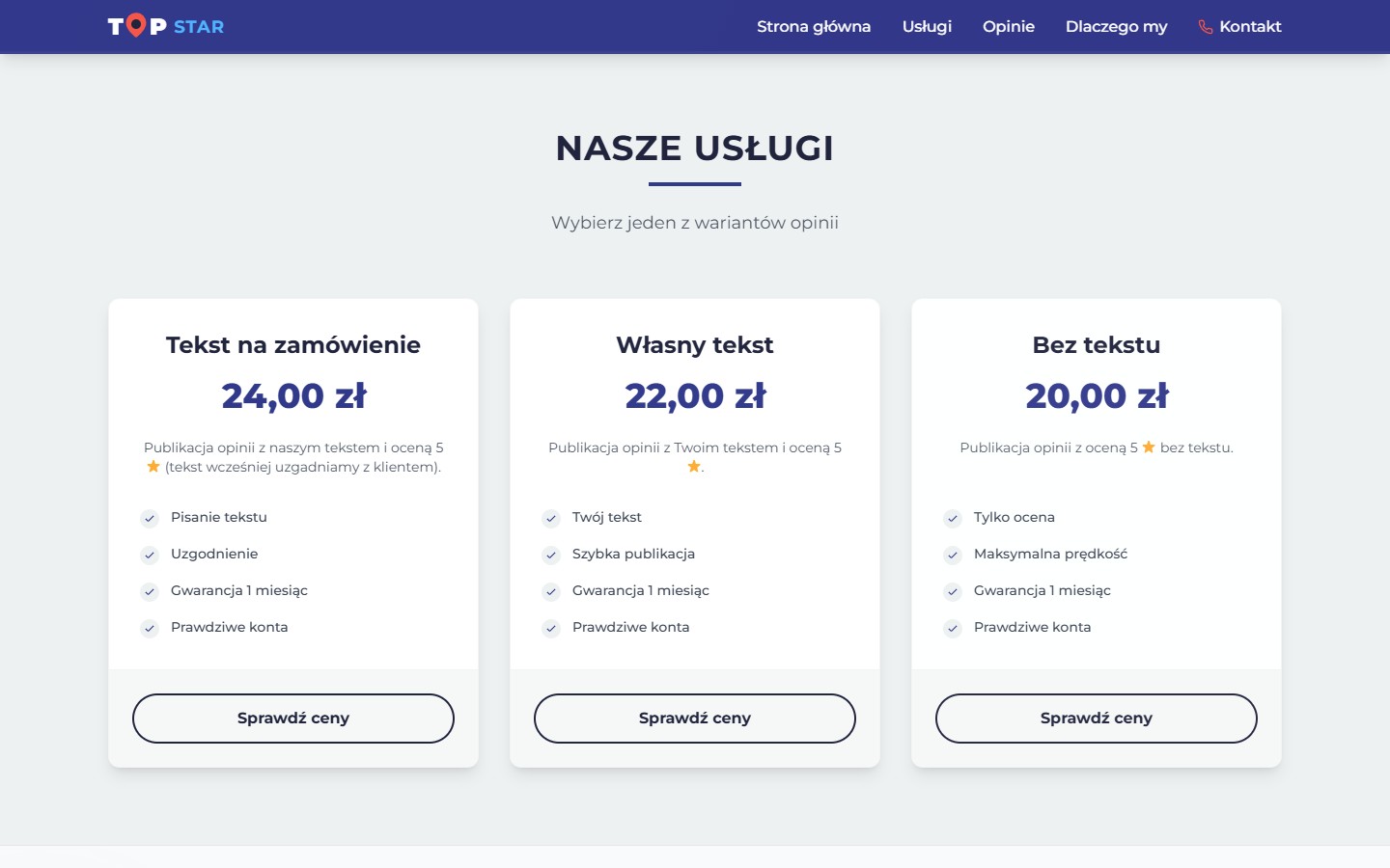 Tarify TOP STAR — три картки з цінами 24/22/20 zł