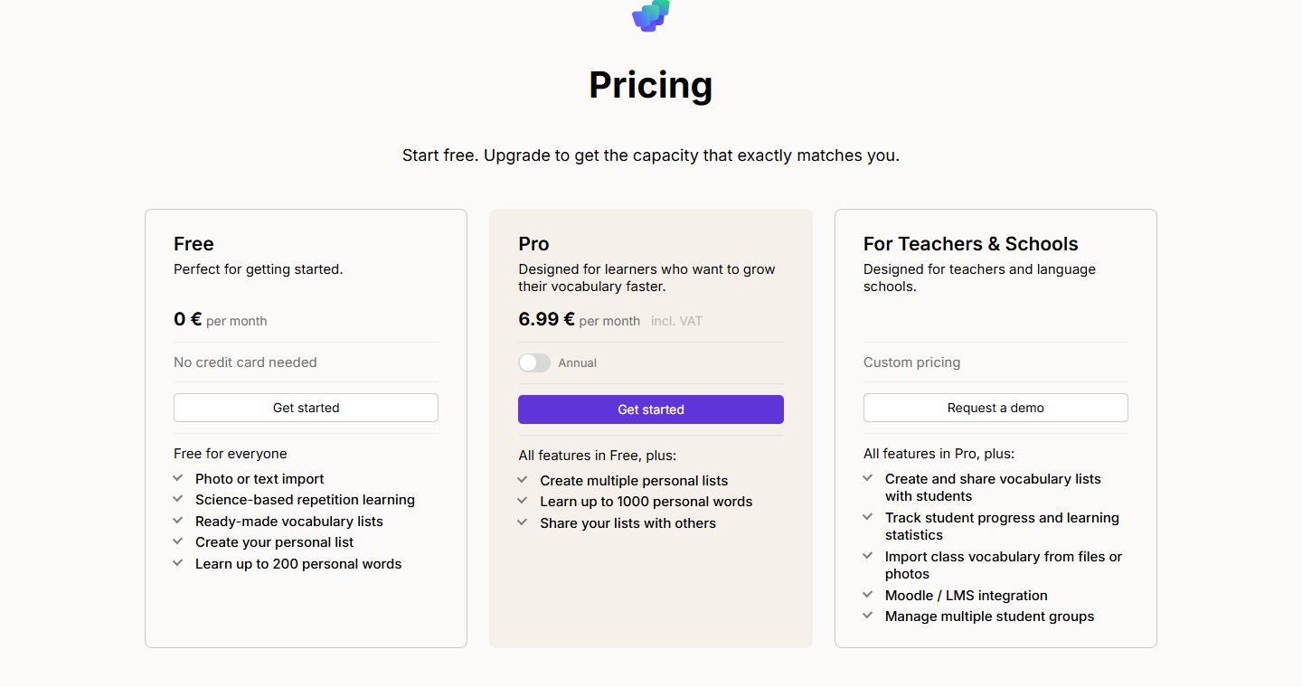 Pricing Wordica — Free, Pro 6.99 EUR, For Teachers and Schools