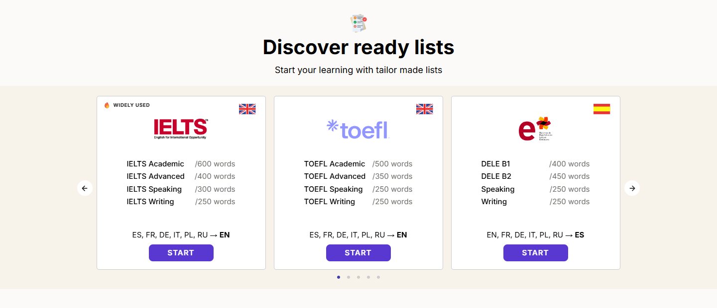 Карусель Discover ready lists — IELTS, TOEFL, DELE та інші