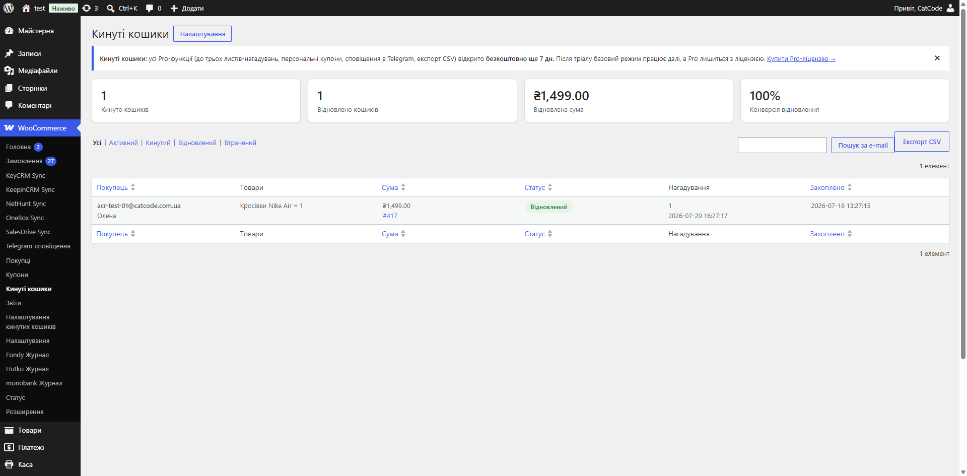 Кинуті кошики для WooCommerce — список кошиків і плитки статистики