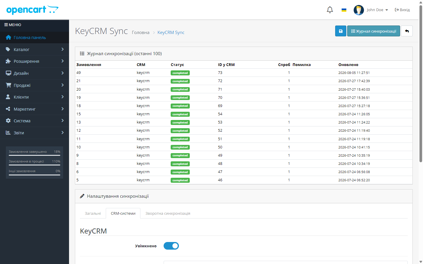 Журнал синхронизации заказов с KeyCRM