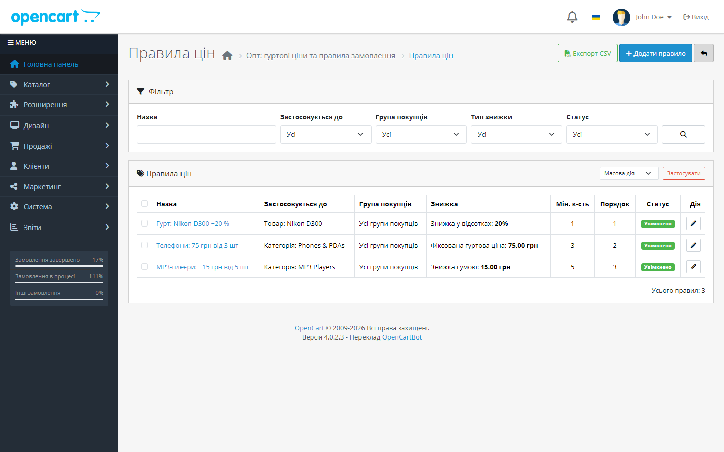 Опт для OpenCart — список правил оптовых цен