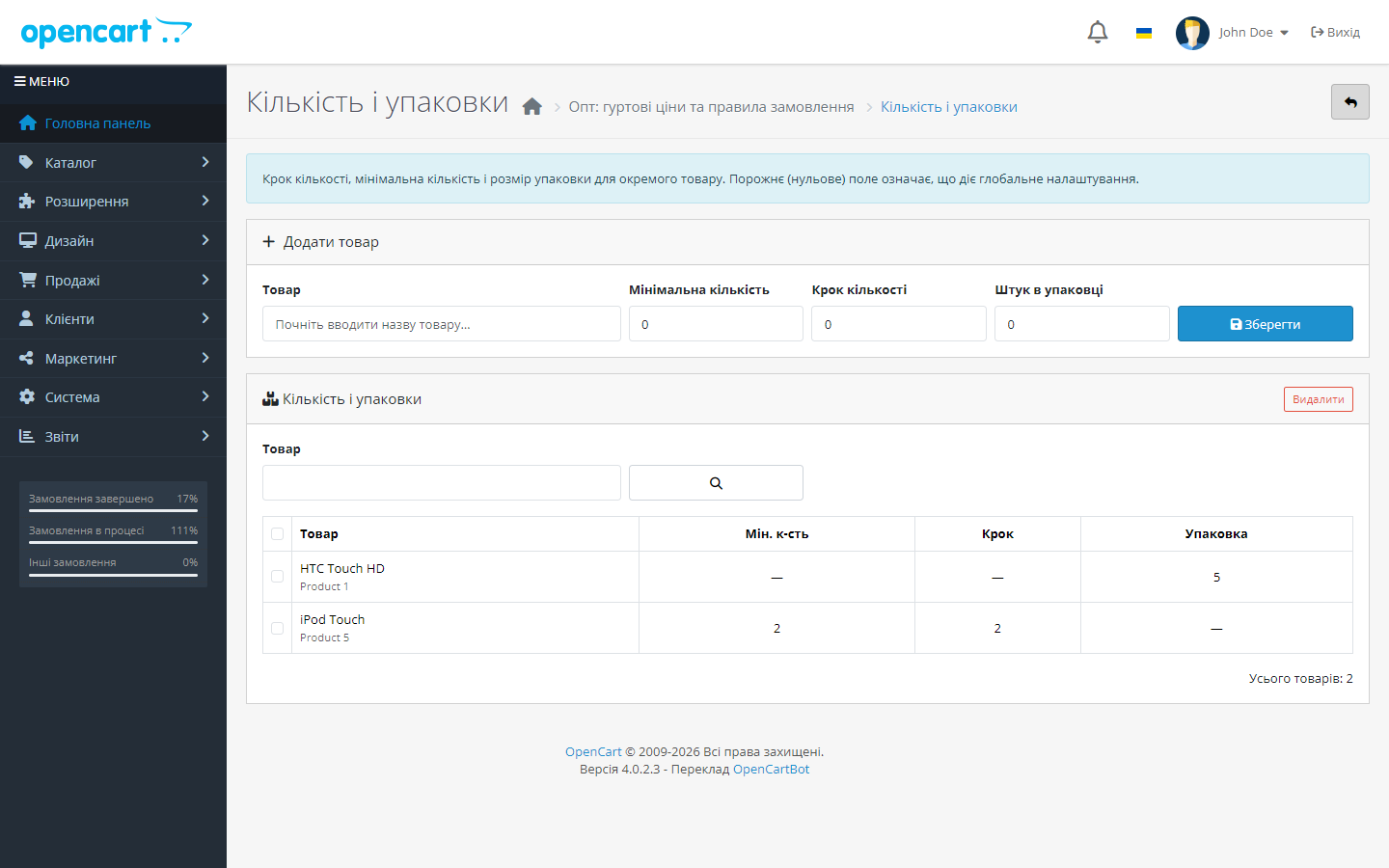 Опт для OpenCart — шаг количества и упаковки для отдельных товаров