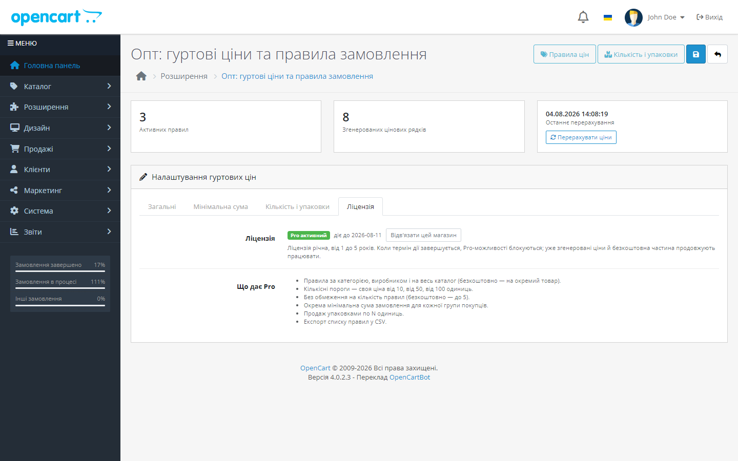 Опт для OpenCart — активная лицензия Pro и перечень возможностей