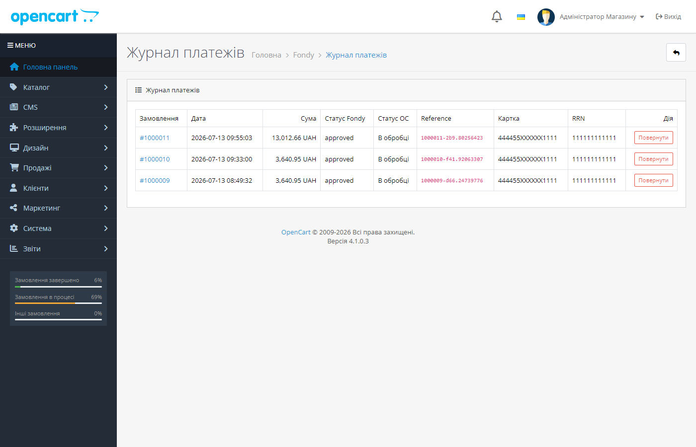 Fondy — журнал платежів в OpenCart