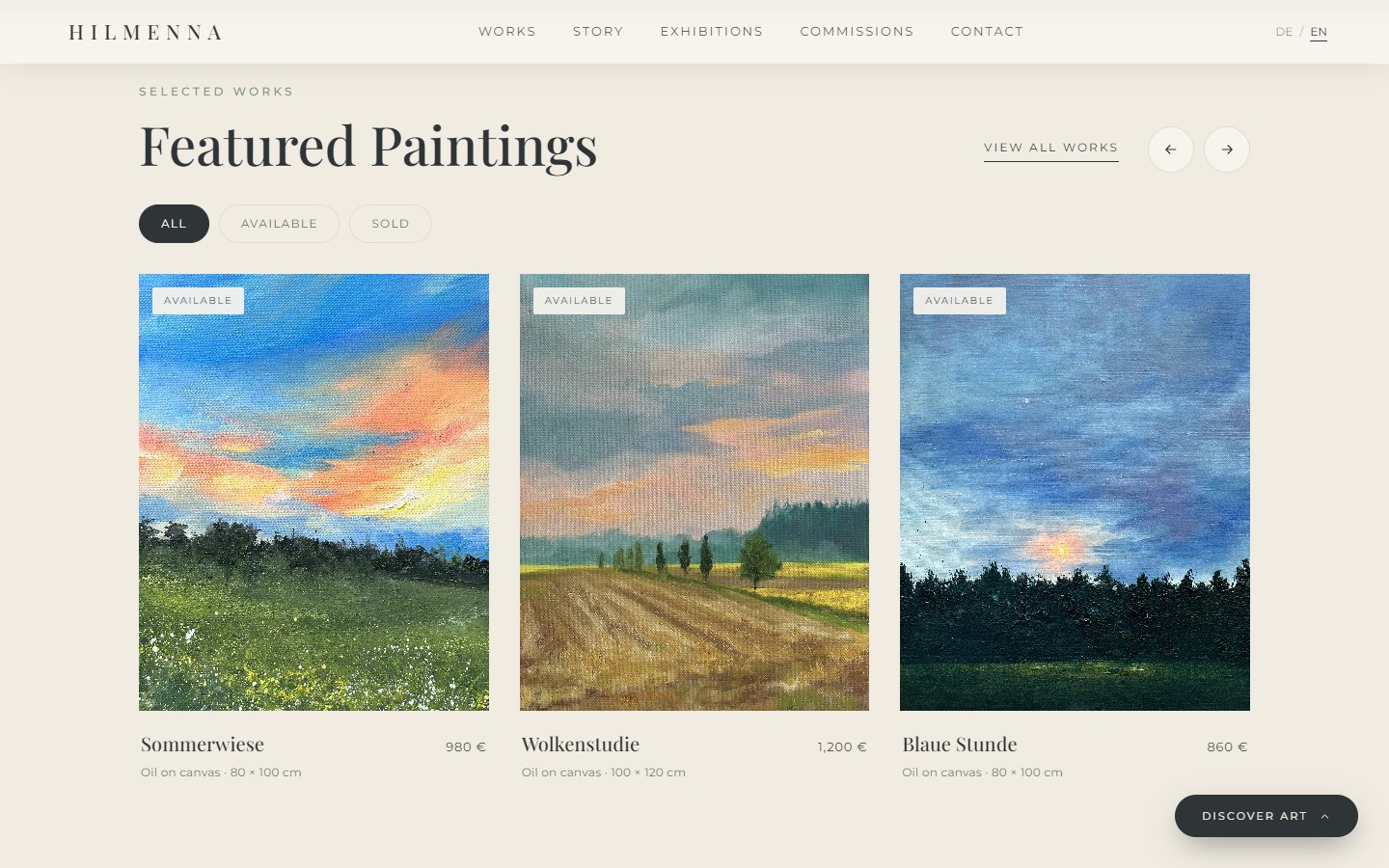 Секція «Featured Paintings» — сітка карток картин з бейджами статусу, назвами, технікою і цінами