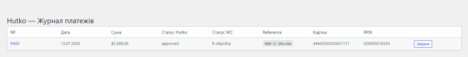 Hutko — журнал платежів у WooCommerce