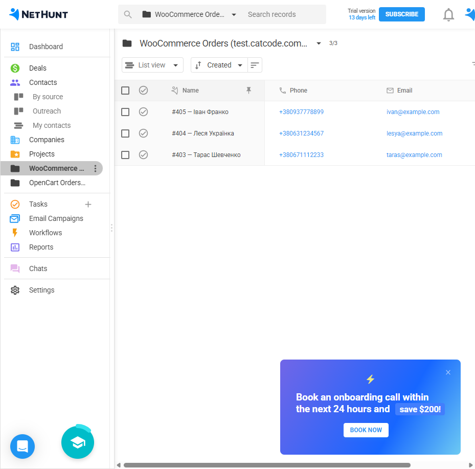 Папка замовлень у NetHunt CRM із записами