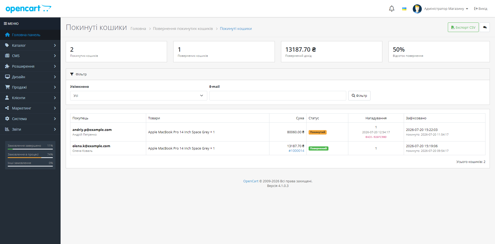 Кинуті кошики для OpenCart — список кошиків і плитки статистики