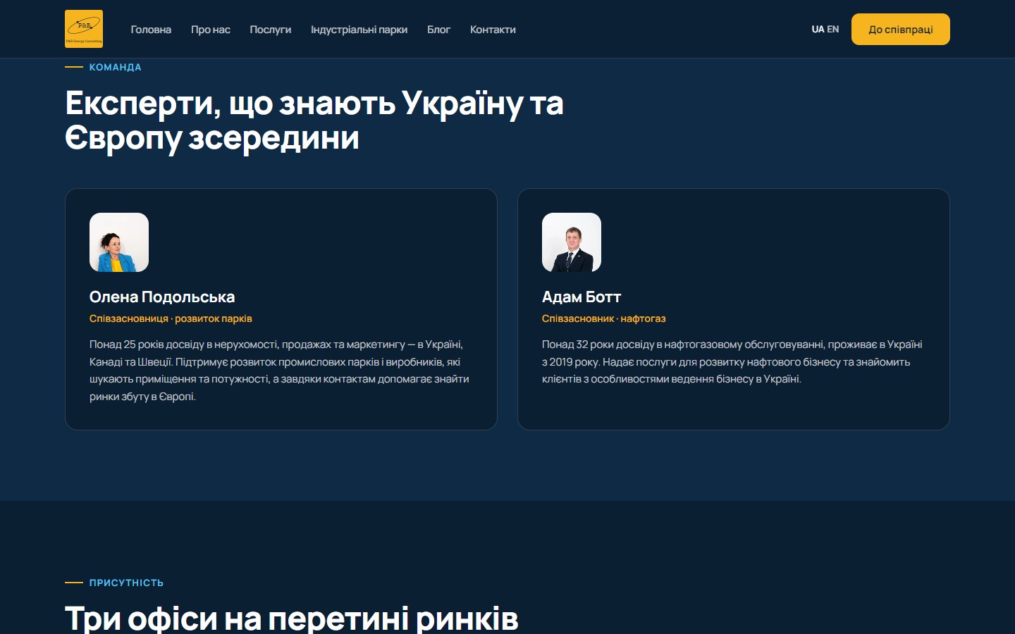 Секція «Команда» — картки співзасновників Олена Подольська та Адам Ботт