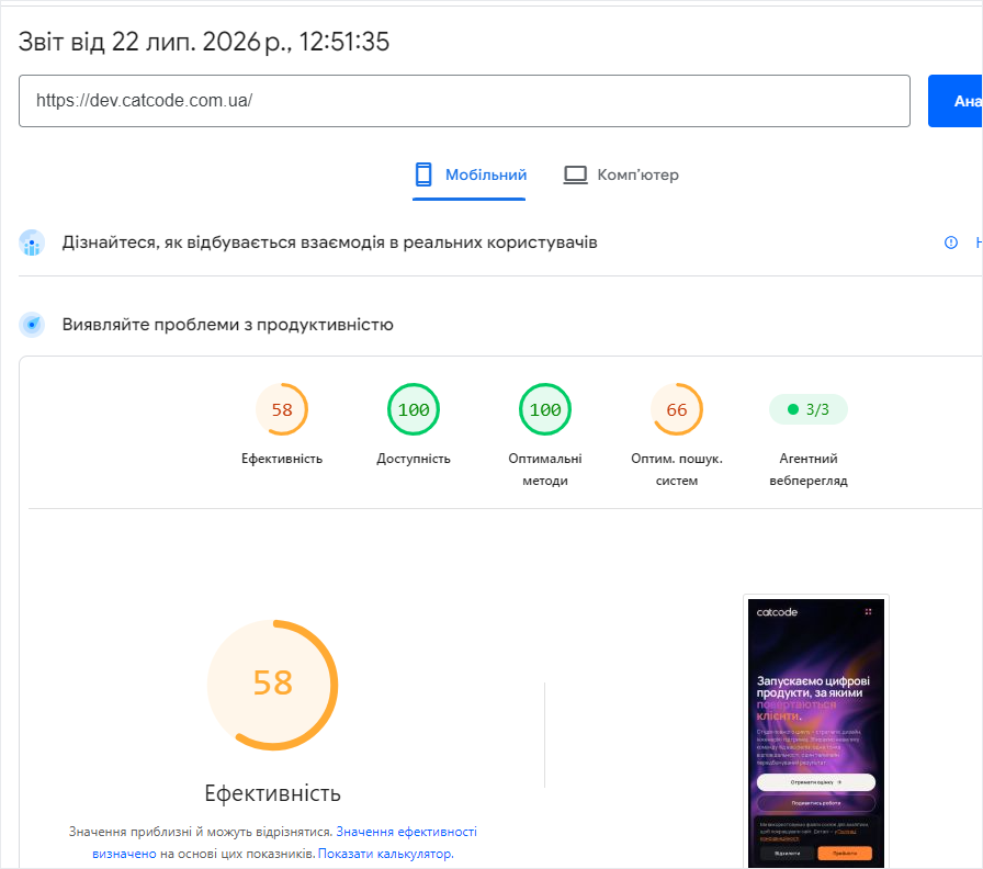PageSpeed Insights до оптимізації: 58 балів ефективності, TBT 1160 мс