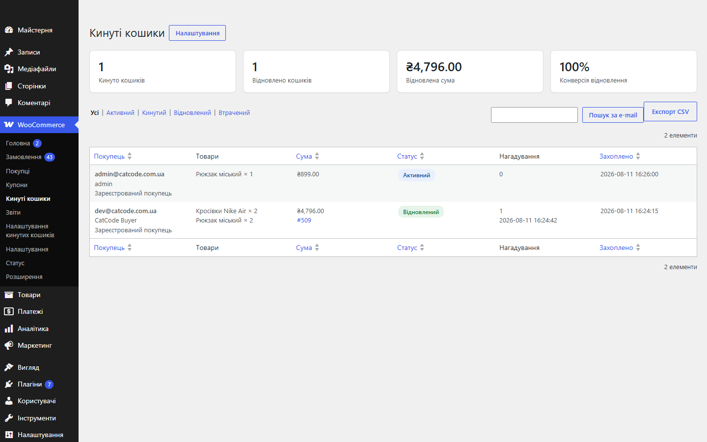 Брошенные корзины для WooCommerce — список корзин и плитки статистики