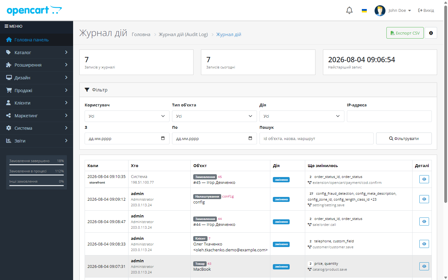 Audit Log для OpenCart — журнал действий администраторов с фильтрами