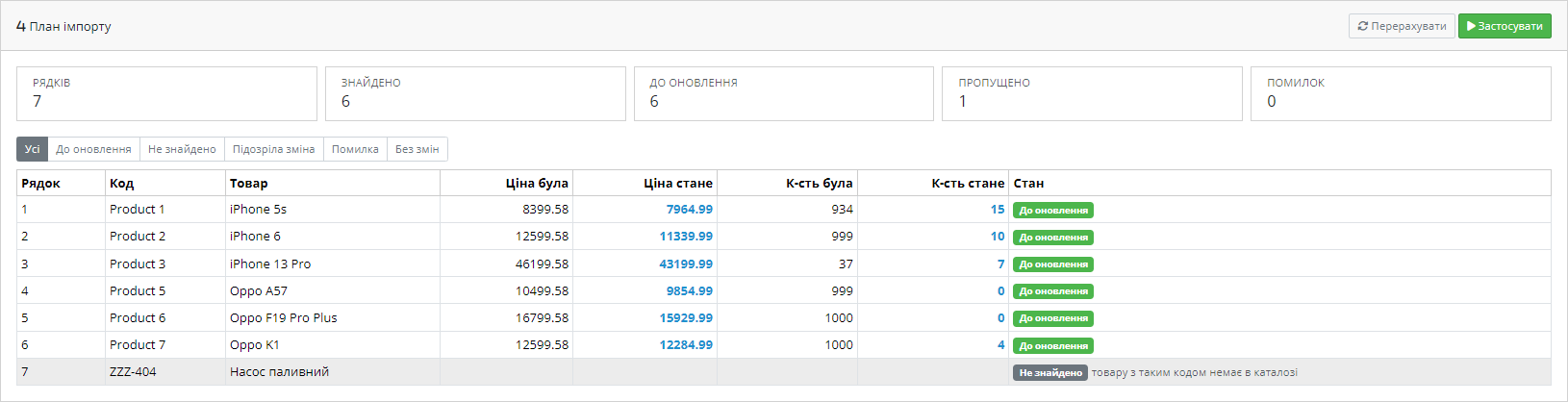 План импорта с таблицей «было → станет» перед записью в каталог