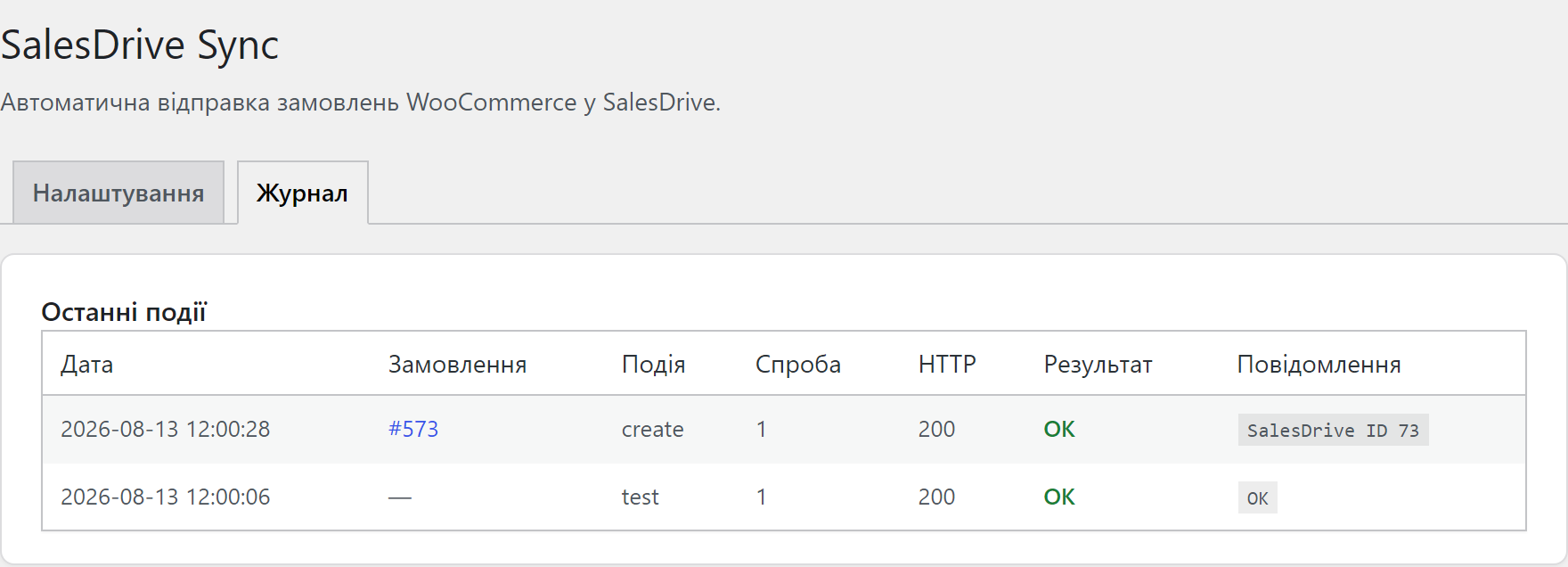 Журнал синхронизации SalesDrive Sync для WooCommerce