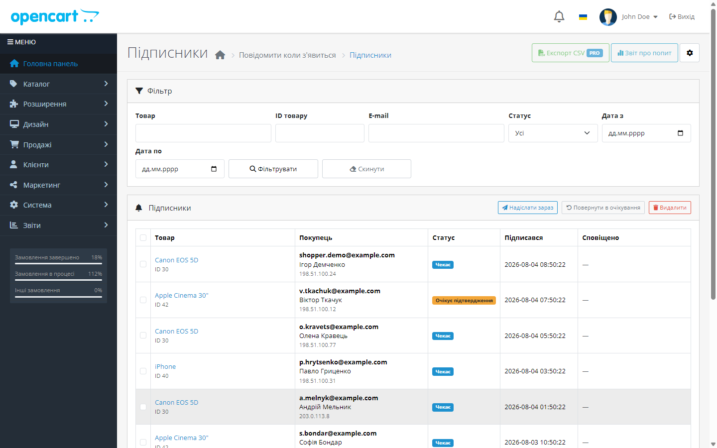 Список подписчиков с фильтрами по товару, e-mail, статусу и дате