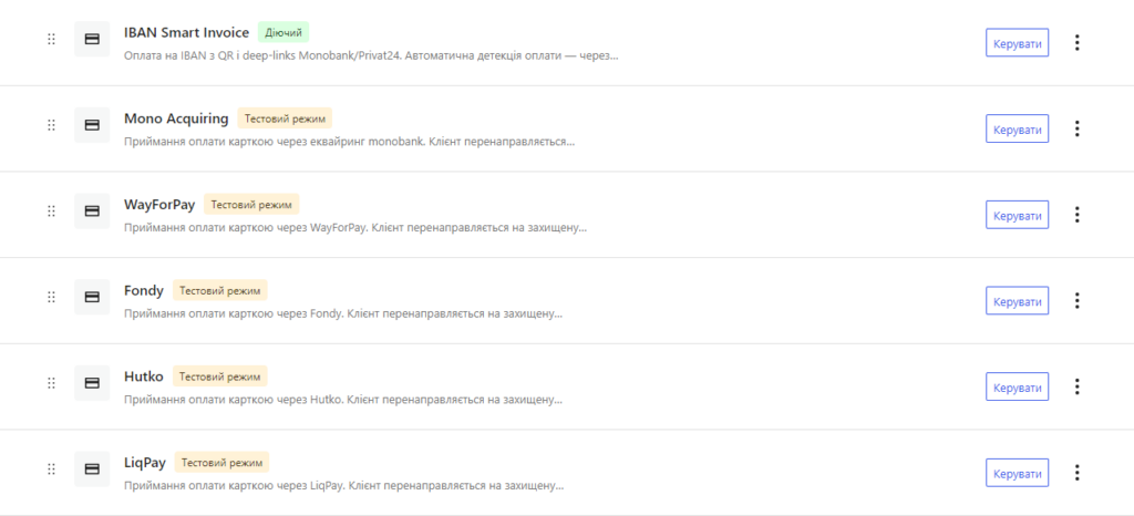 Усі шість способів у розділі WooCommerce → Платежі