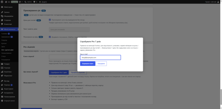 Диалог «Попробовать Pro 7 дней» с полем e-mail