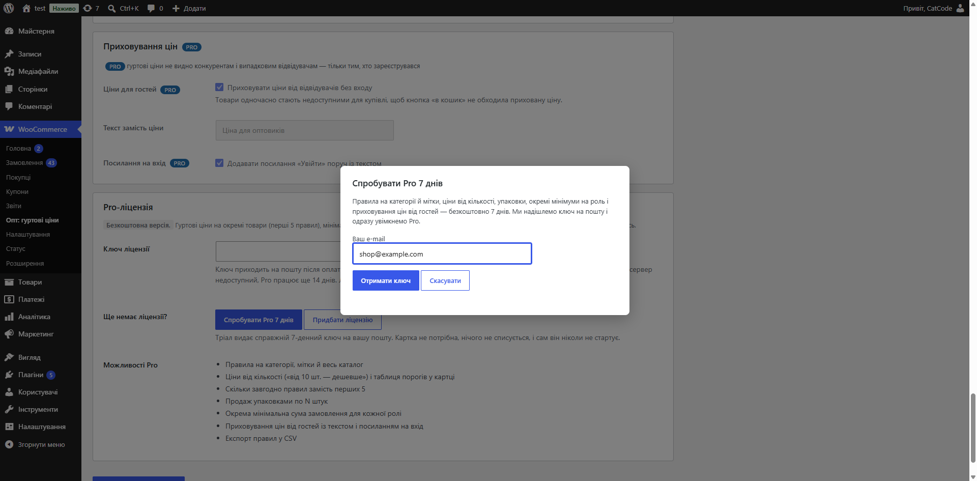 Диалог «Попробовать Pro 7 дней» с полем e-mail