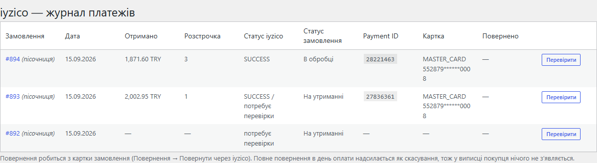 Pro-журнал платежів iyzico