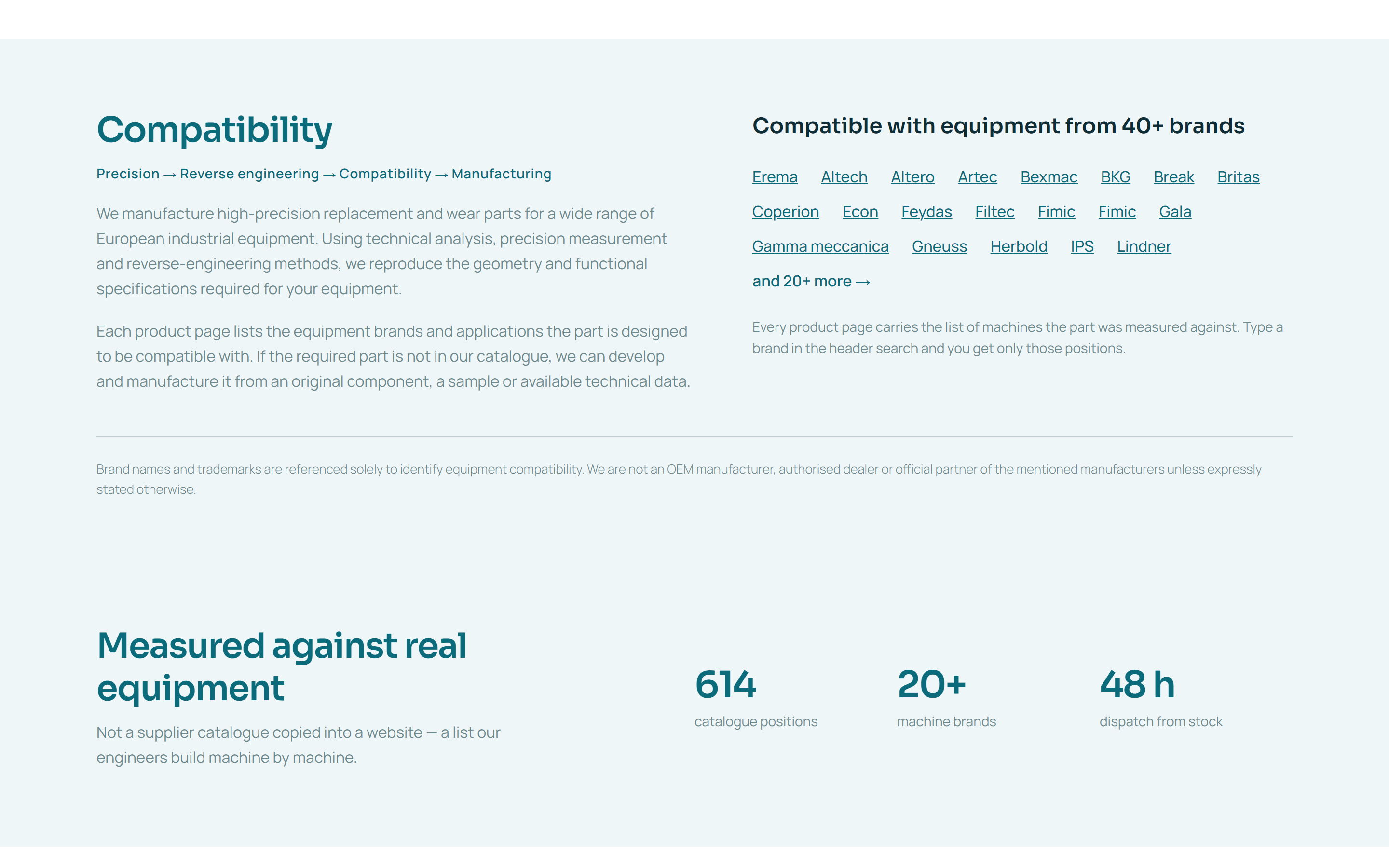 Секція «Compatibility» — бренди обладнання, з яким сумісні деталі