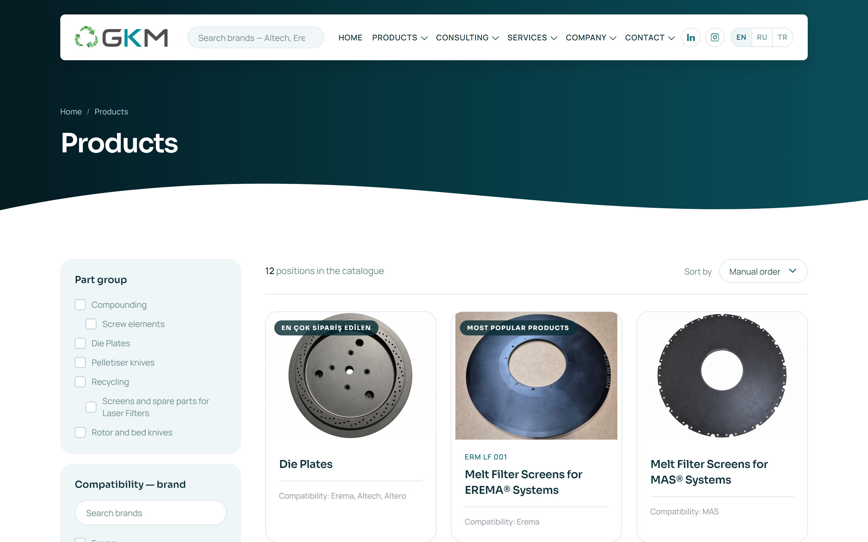 Каталог green-polymer.tech — картки деталей і фільтри за групою та брендом