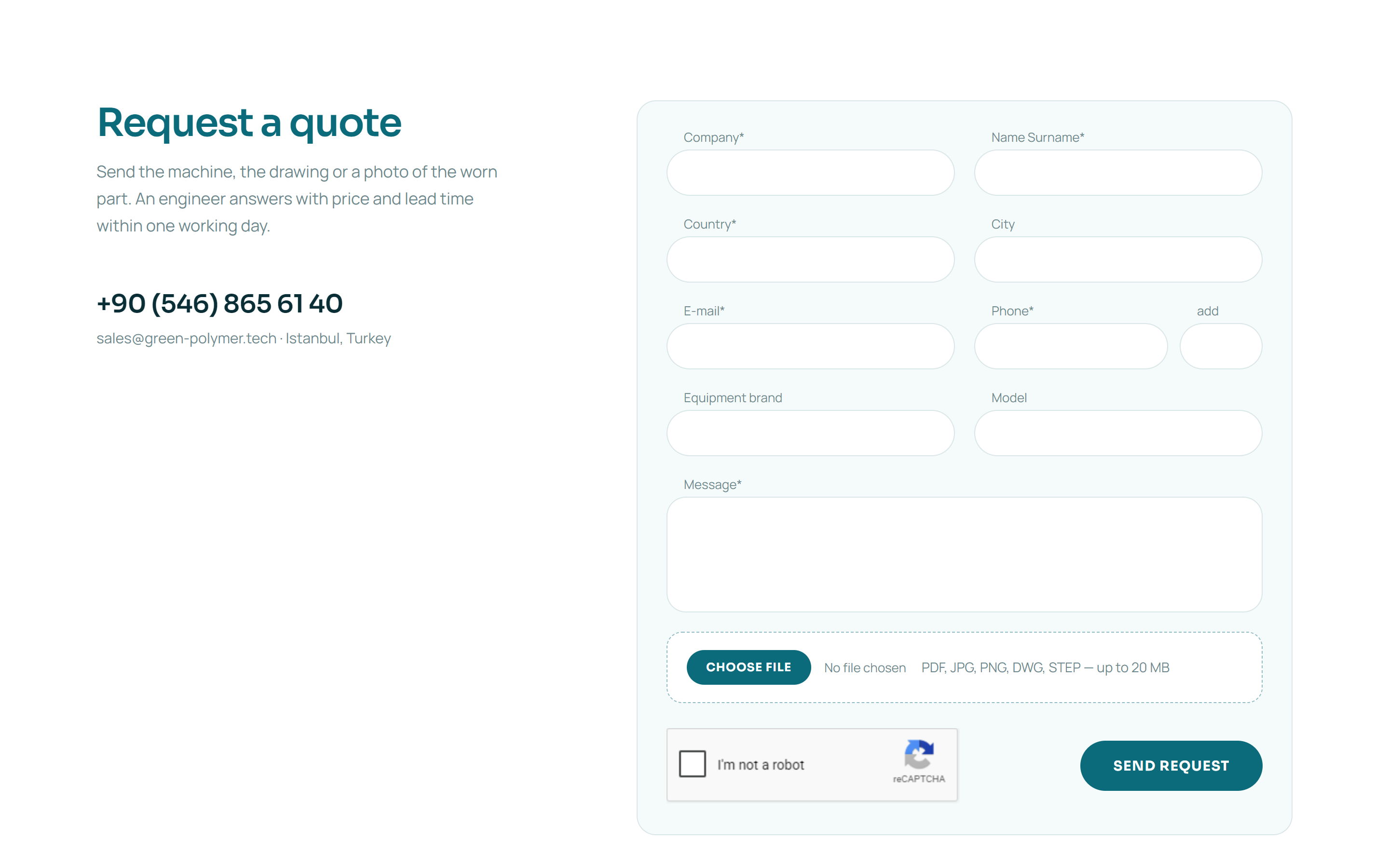 Форма «Request a quote» з полями компанії, обладнання й вкладенням креслення