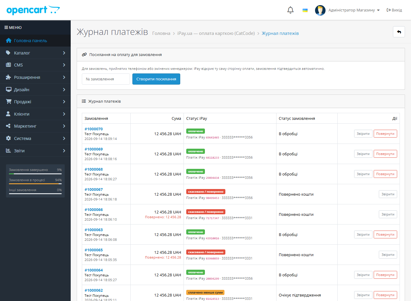 Журнал платежів iPay для OpenCart