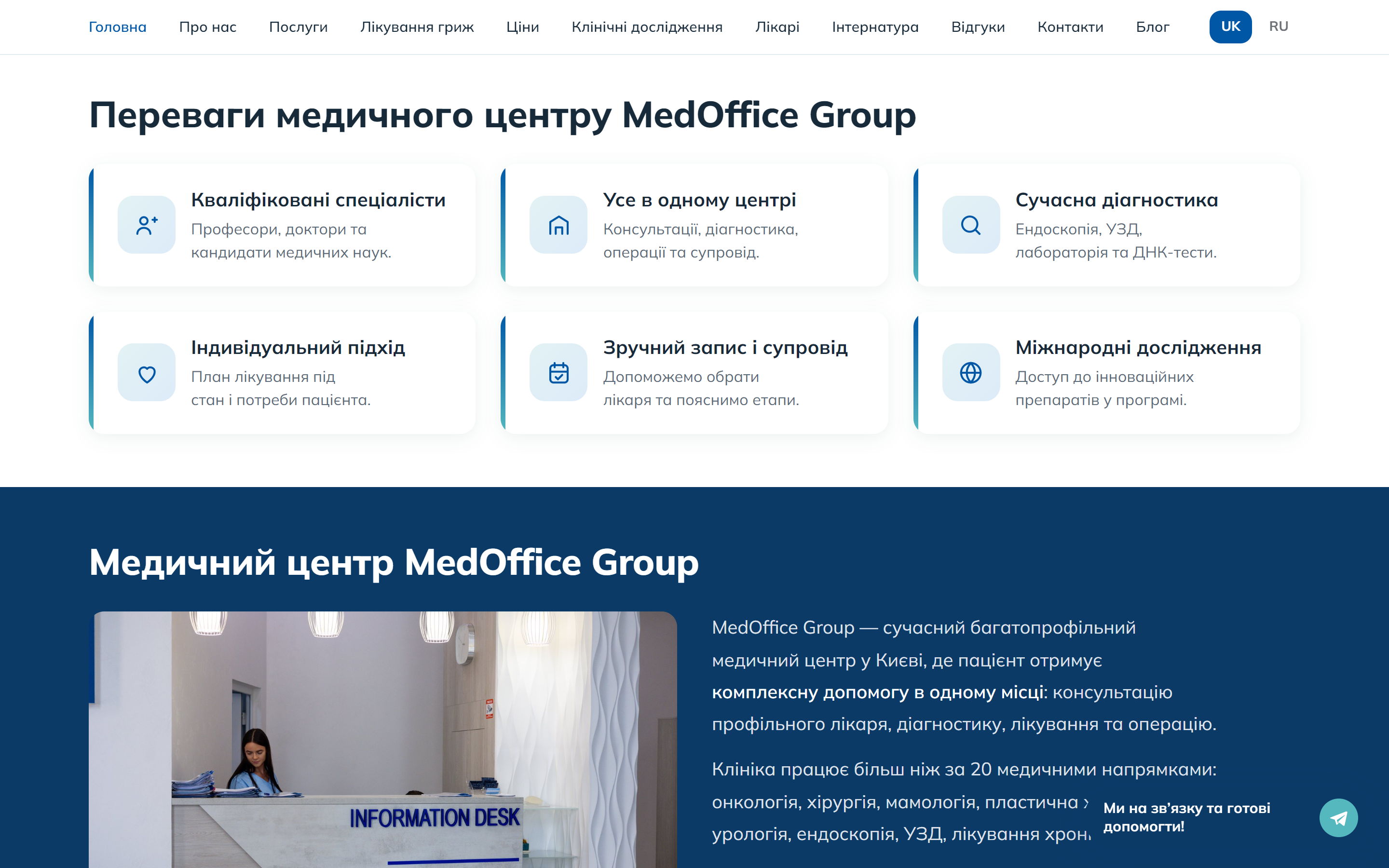 Секція «Переваги медичного центру MedOffice Group» — шість карток з іконками