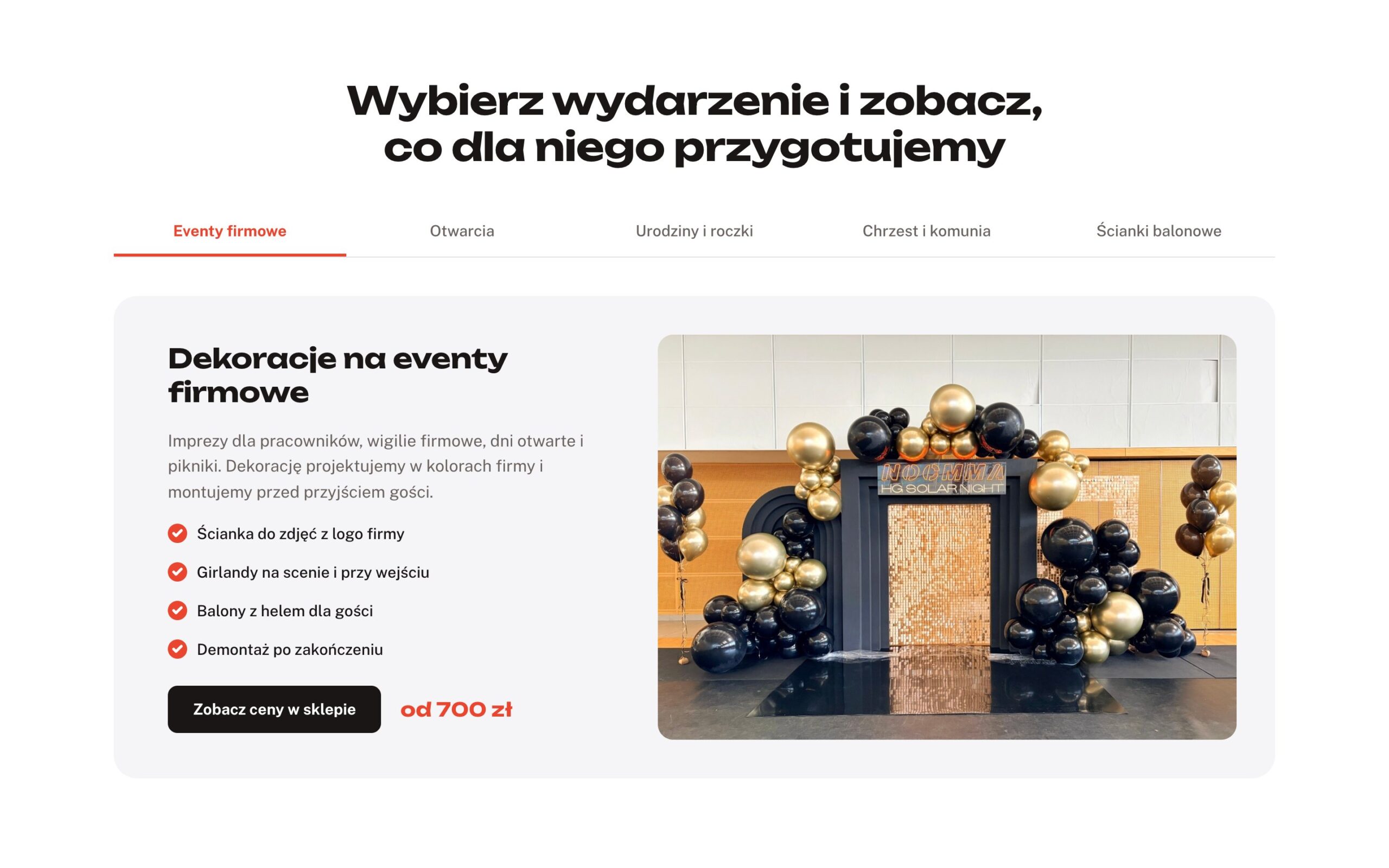 Блок «Wybierz wydarzenie i zobacz, co dla niego przygotujemy»