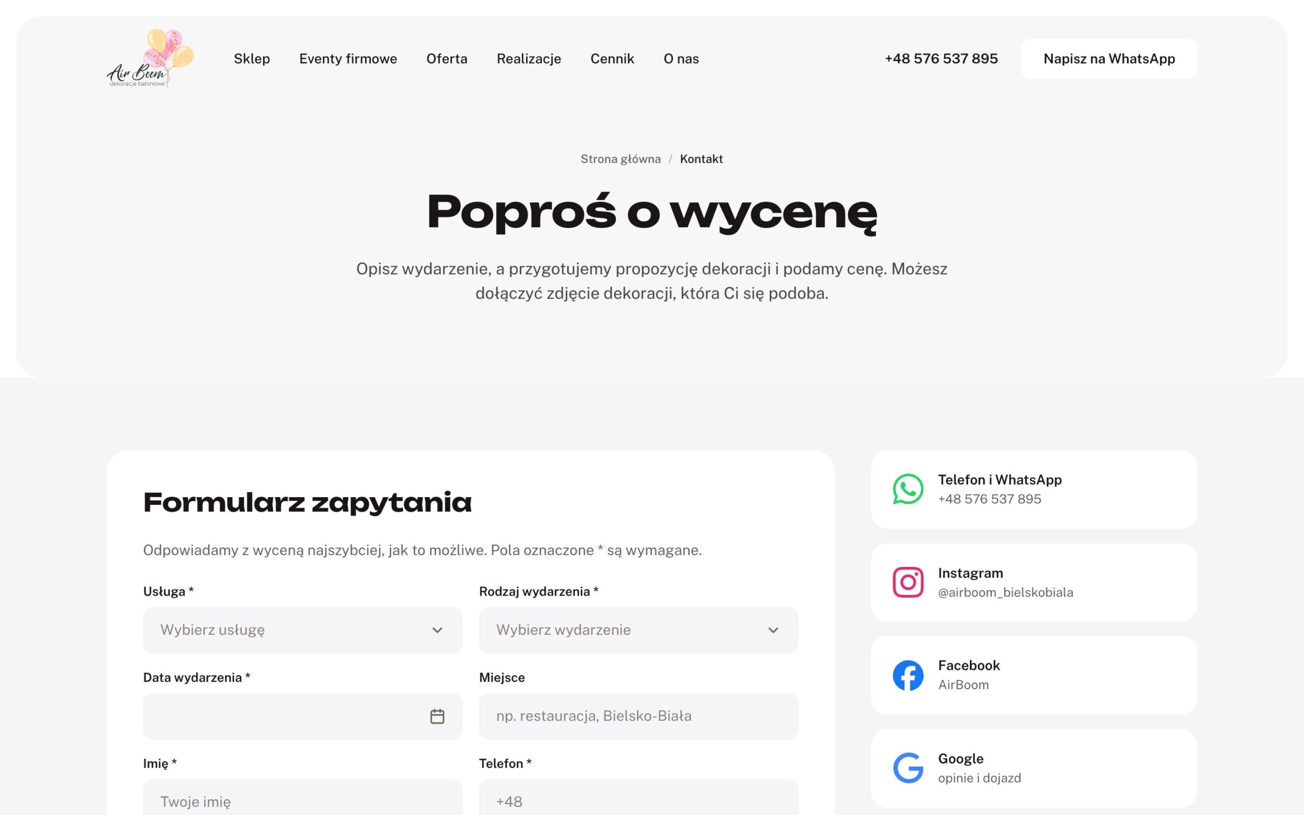 Сторінка «Poproś o wycenę» з формою запиту
