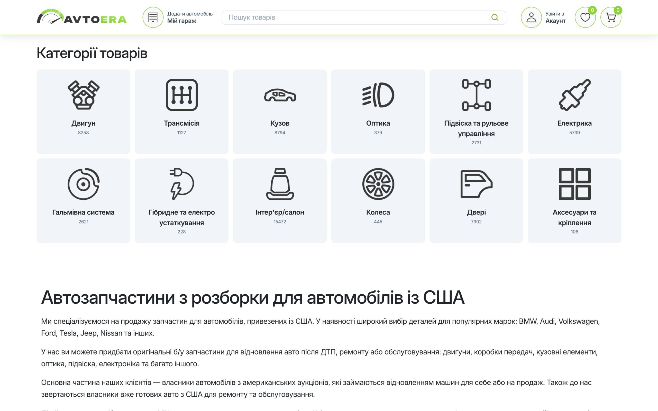 Product categories on the avtoera.com home page