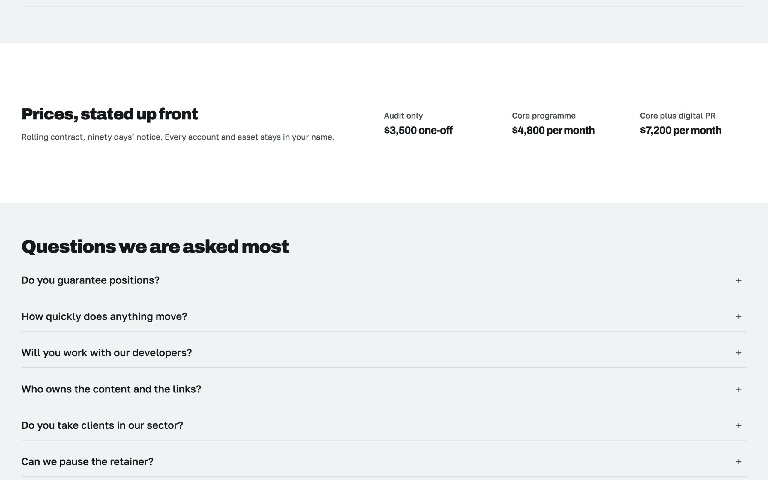 Блоки «Prices, stated up front» і FAQ