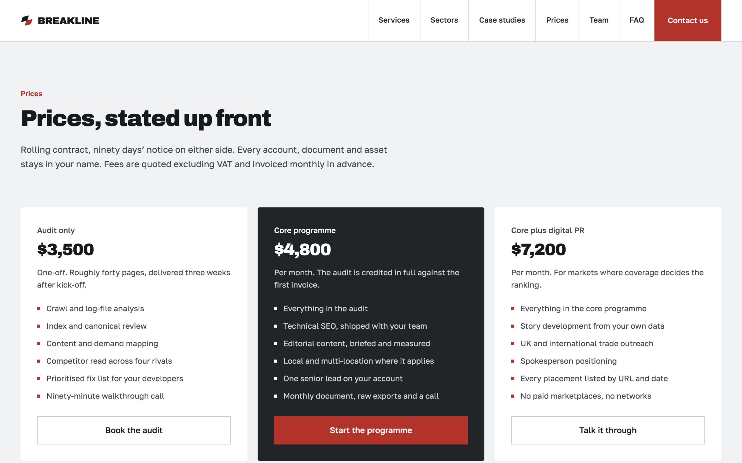 Сторінка Prices — три пакети