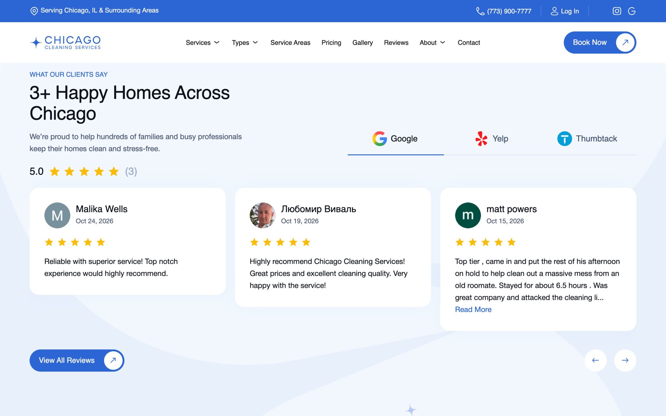 Reviews block with Google, Yelp and Thumbtack