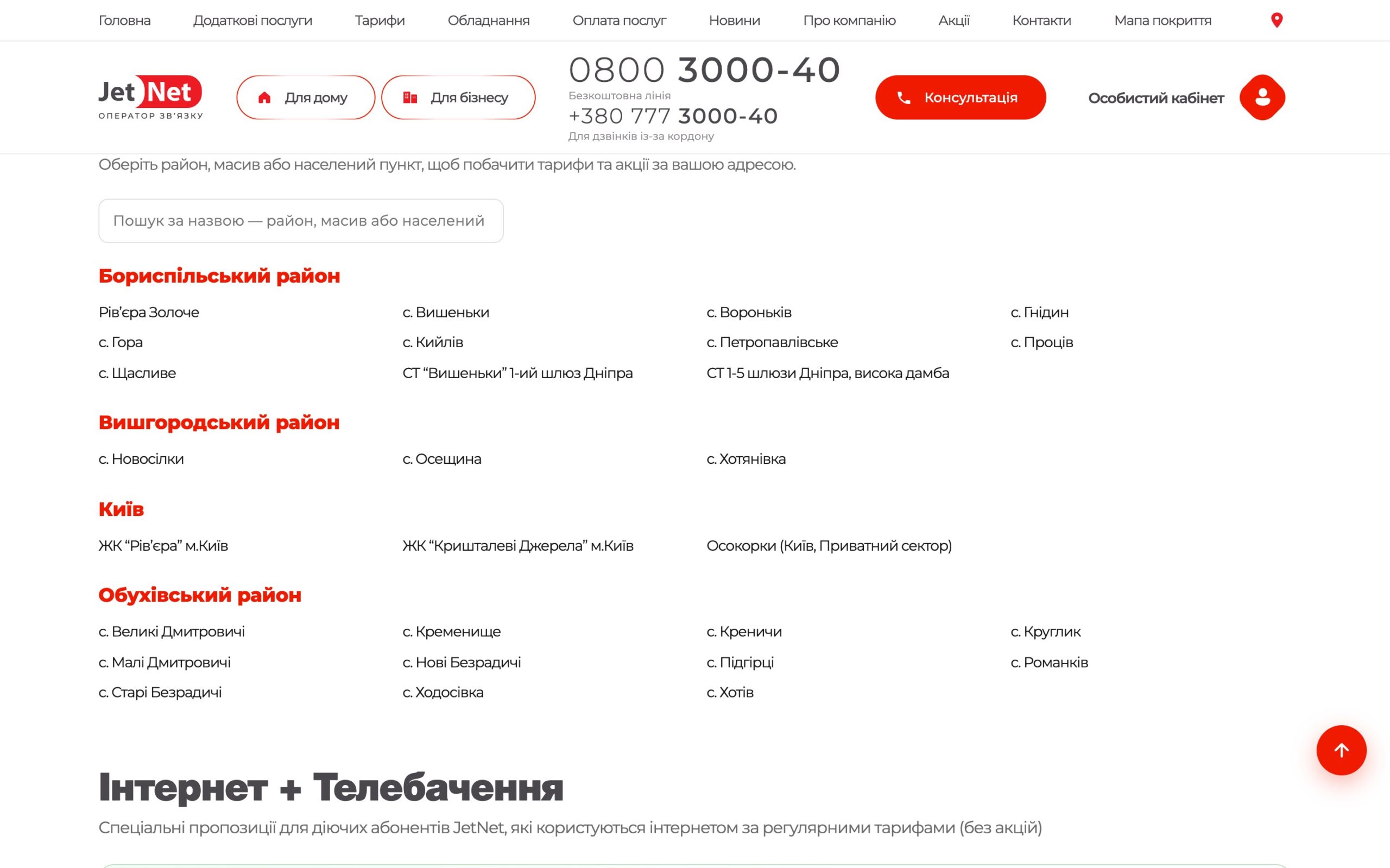 Список районів і населених пунктів покриття