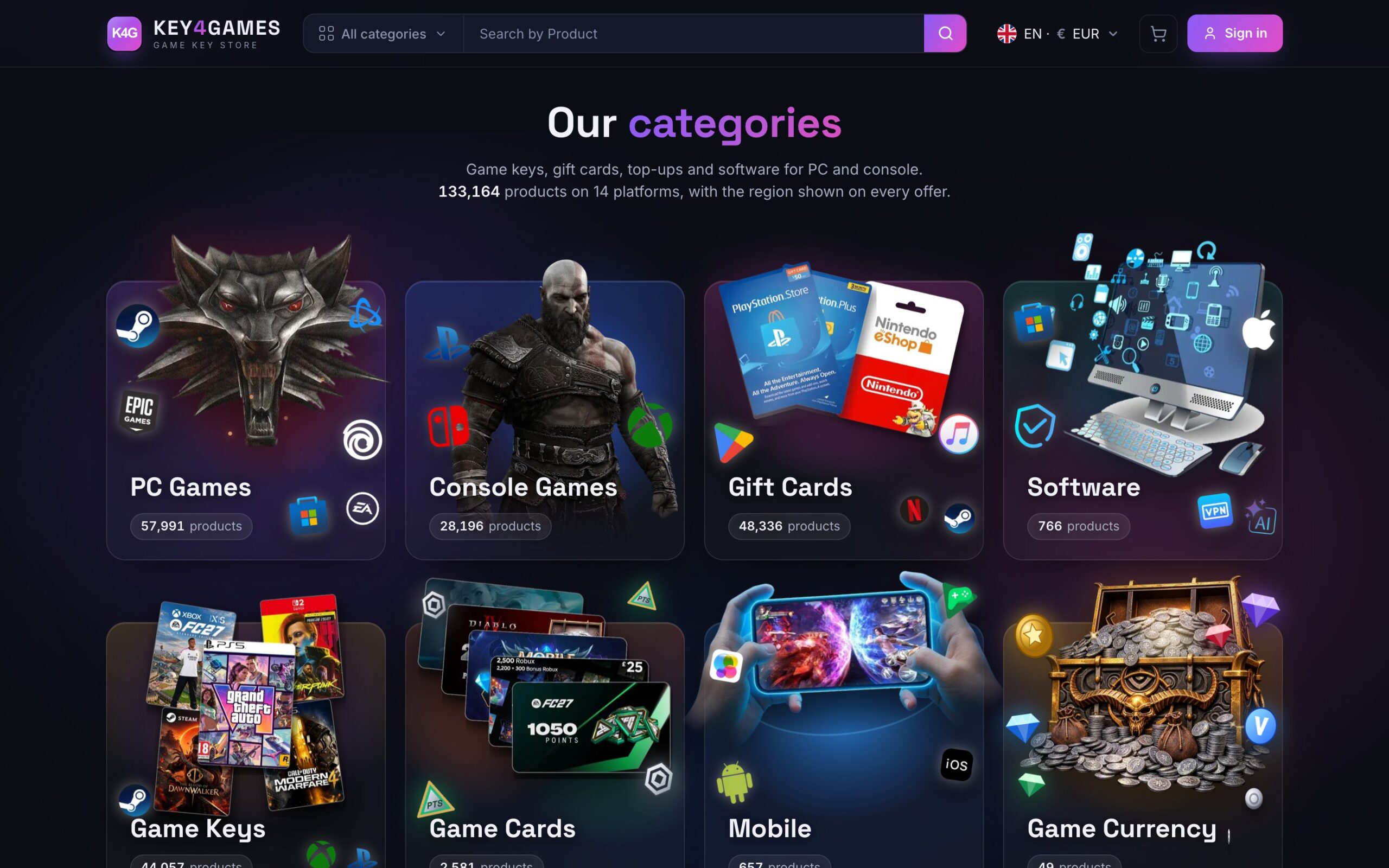 Сторінка «Our categories» з анімованими плитками