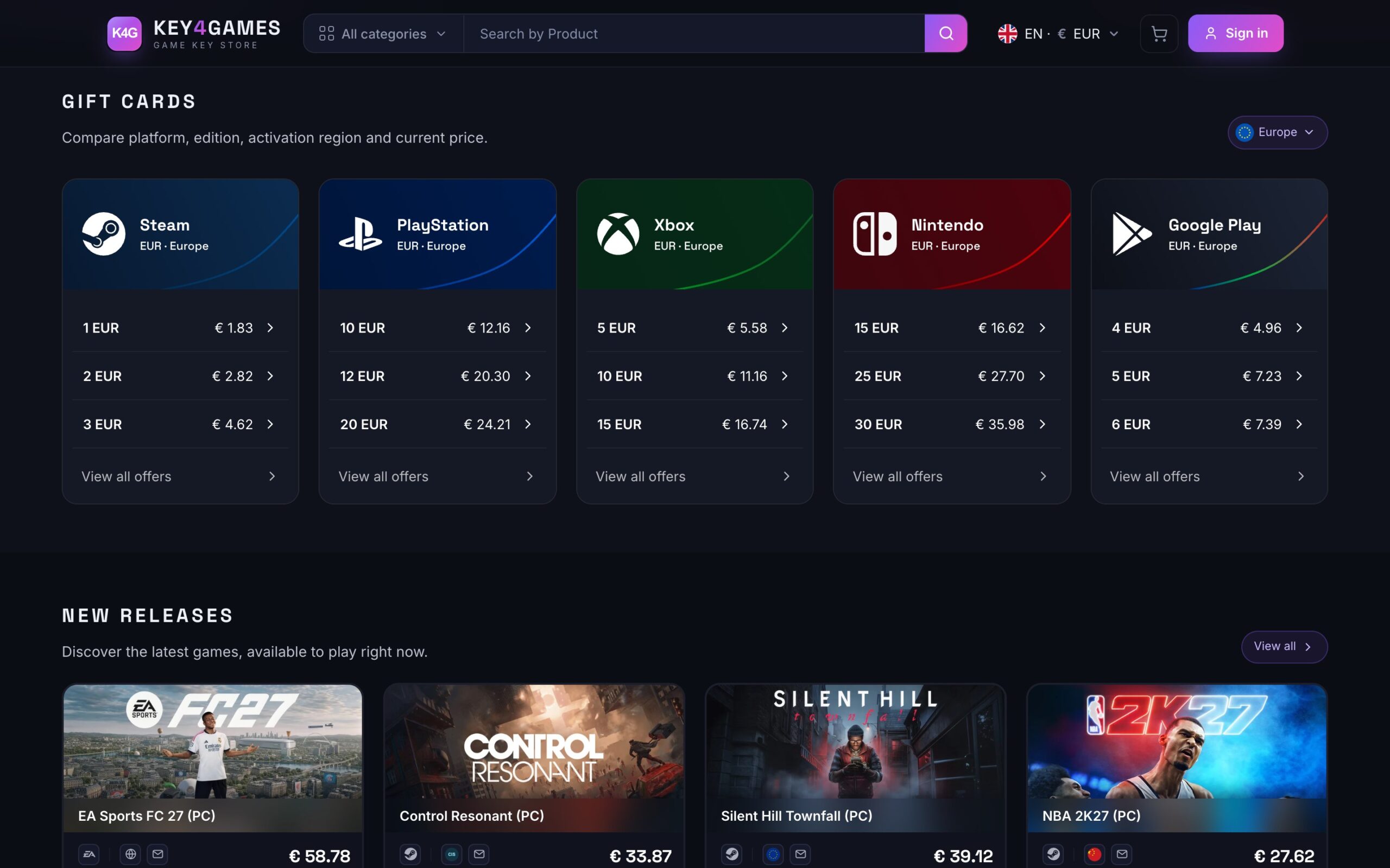 Блок Gift cards з номіналами Steam, PlayStation, Xbox, Nintendo, Google Play