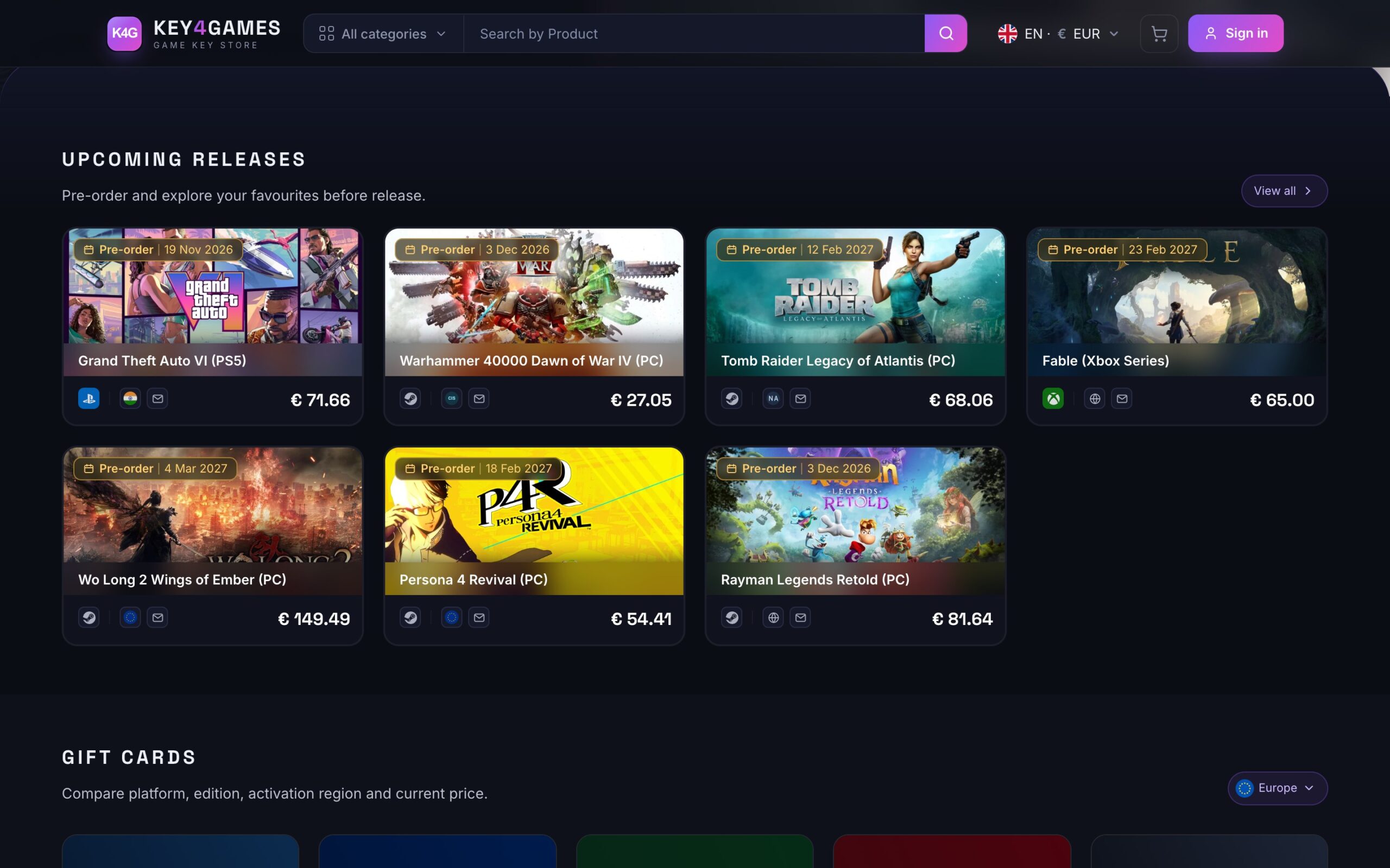 Блоки Upcoming releases і Gift cards на головній