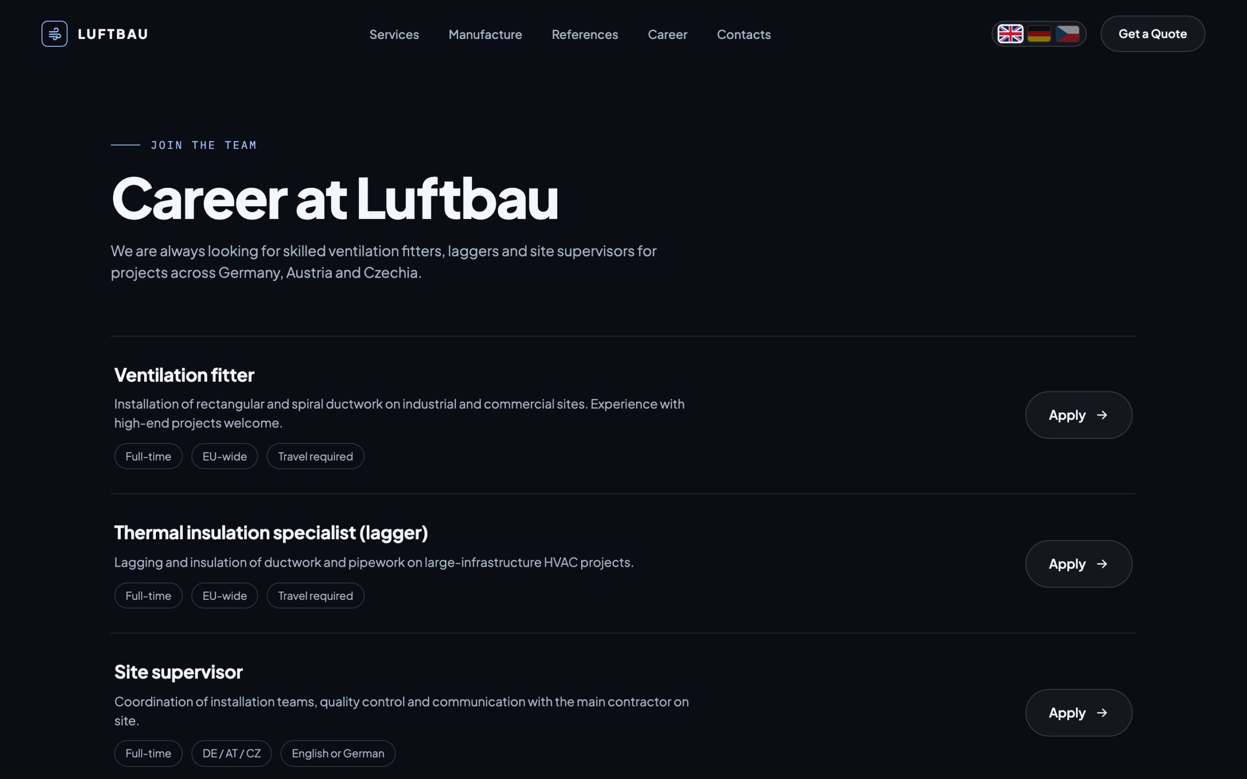 Career at Luftbau page — vacancies